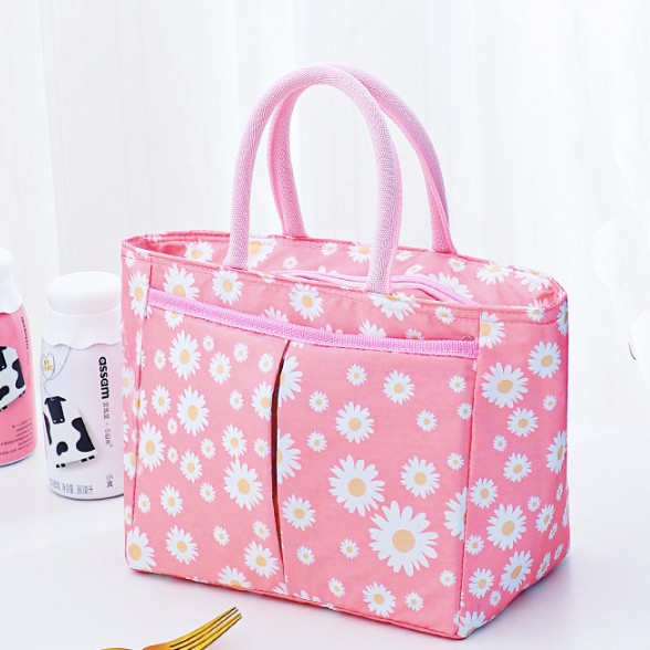 (CÓ CLIP) Túi đựng cơm giữ nhiệt nóng / lạnh CỠ ĐẠI CÓ NHIỀU NGĂN hoạ tiết cúc Daisy (size 24x14x20 cm)