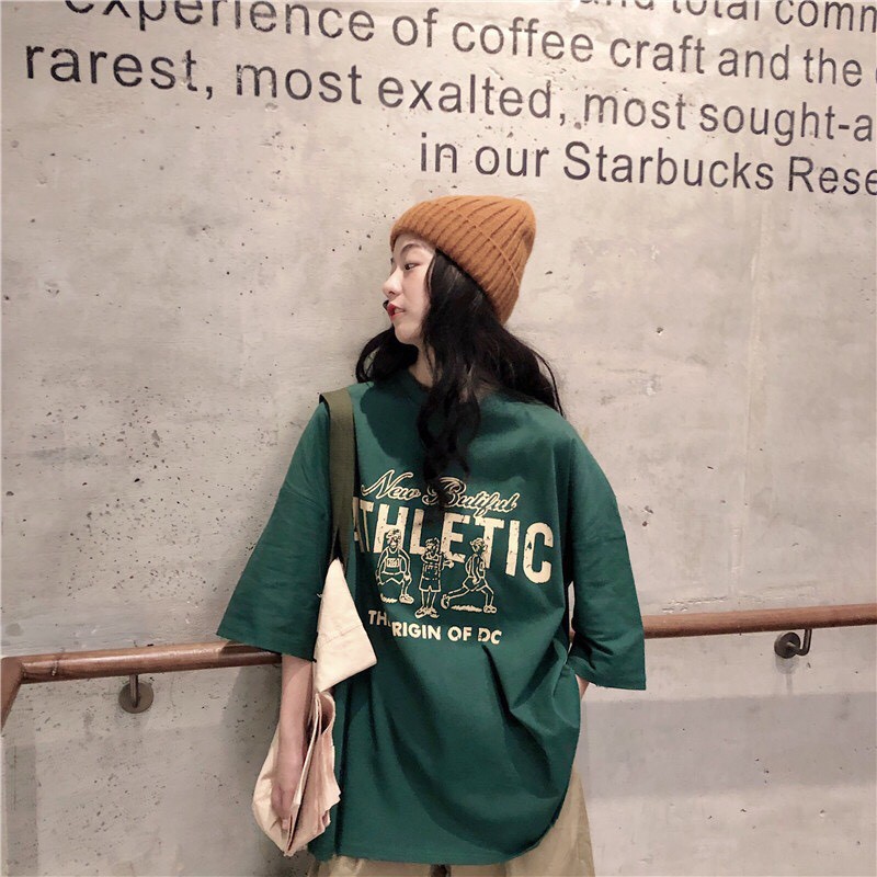 Áo Thun Cộc Tay Form Rộng ATHLETIC 🎁 Nana's House - FREESHIP 🎁 Phông tay lỡ cổ tròn oversize màu xanh rêu Ulzzang