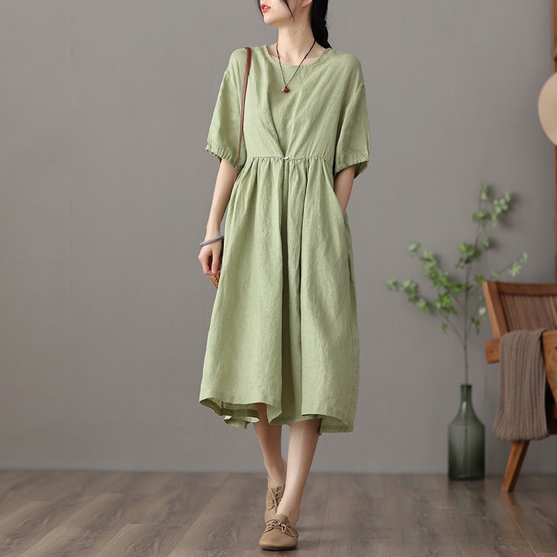 Đầm đũi-Váy suông dài cổ tròn ngắn tay, màu xanh cốm trơn phong cách vintage Hàn Quốc