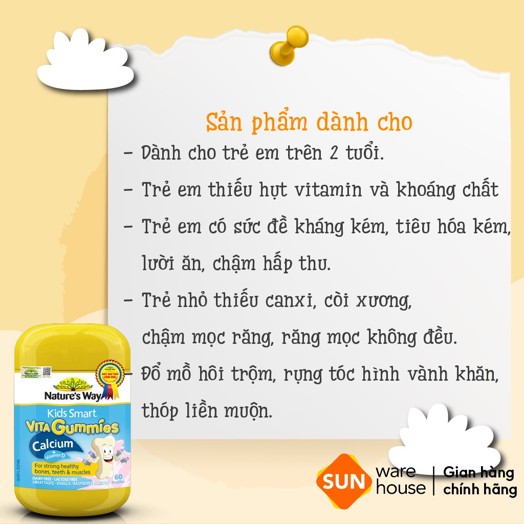 [Mã INCU20 giảm 20K đơn 150K] Kẹo Dẻo Canxi Cho Bé Nature’s Way Kids Smart Vita Gummies Calcium + Vitamin D 60 Viên