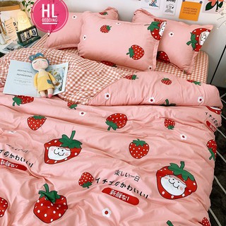 Bộ vỏ chăn ga gối cotton poly HL bedding quả dâu baby chăn ga Hàn Quốc đủ size miễn phí bo chun