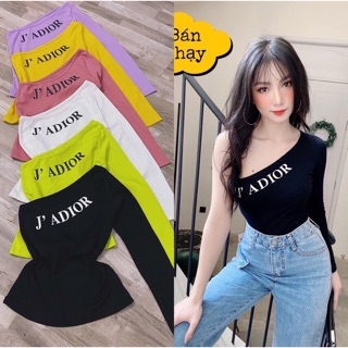 (XẢ KHO) Áo thun kiểu nữ lệch vai tay dài, có in chữ thời trang, chất thun borip đẹp