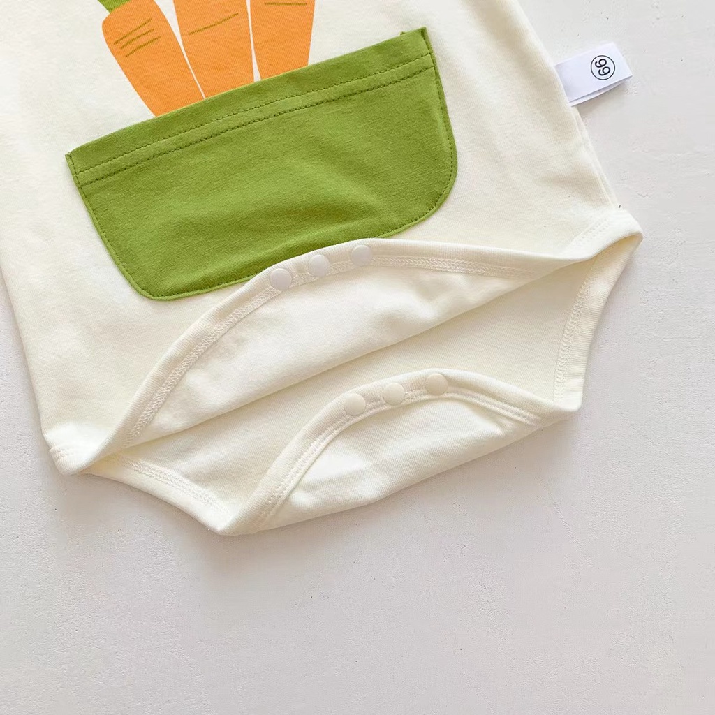 Bộ Áo Liền Quần Cotton Tay Ngắn In Hình Củ Cà Rốt + Mũ Dễ Thương Thời Trang Mùa Hè Cho Bé