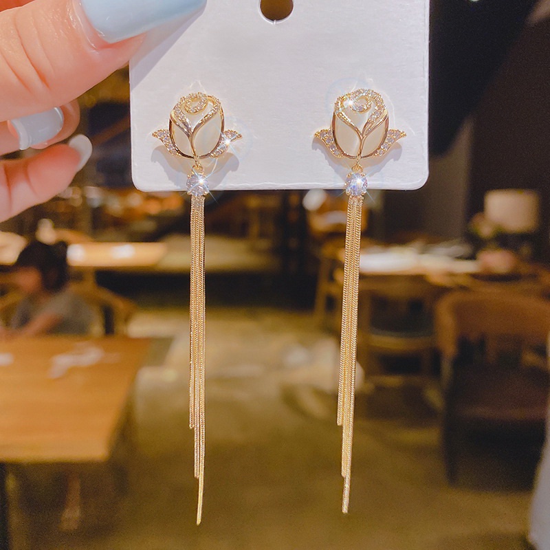 Bông tai bạc 925 RINHOO FRIENDSHIP dáng dài hình hoa hồng đính đá opal thời trang sang trọng cho nữ