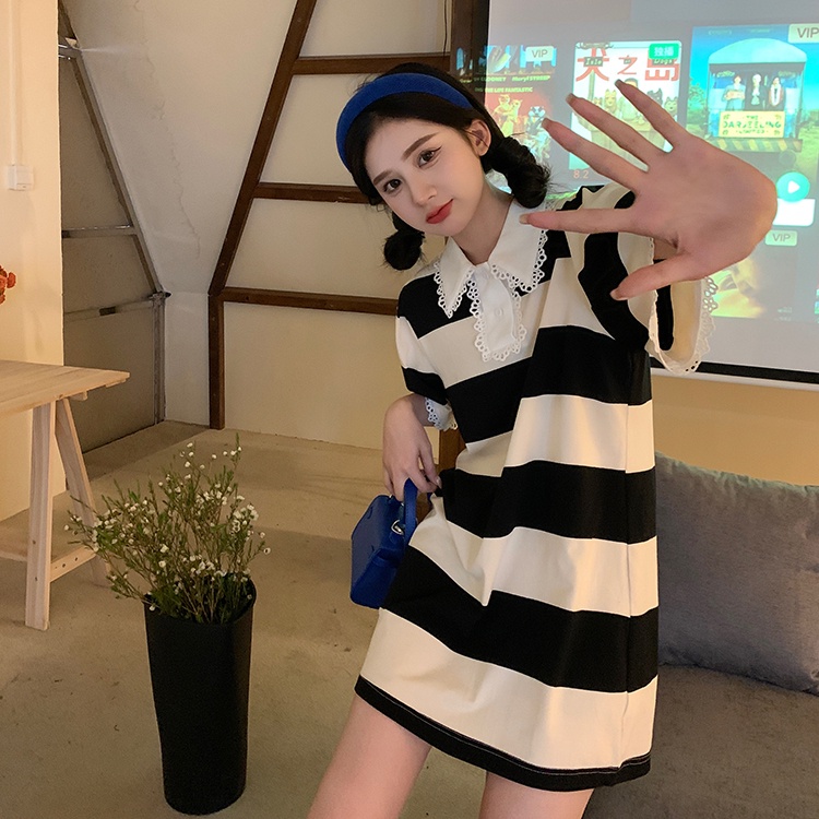 Đầm Cổ Polo Họa Tiết Kẻ Sọc Viền Ren Dáng Rộng Thời Trang Mùa Hè Hàng Mới Dành Cho Bạn Nữ