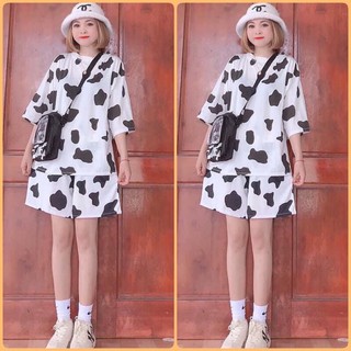 Bộ quần áo bò sữa nữ cộc tay hè chất mát hoạ tiết cute