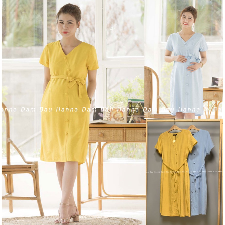 [HANNA] Đầm bầu công sở cao cấp vải đũi cotton cao cấp 1 lớp mềm mát mùa hè CÓ 3 SIZE 40-78KG fom A mặc bầu và sau sinh