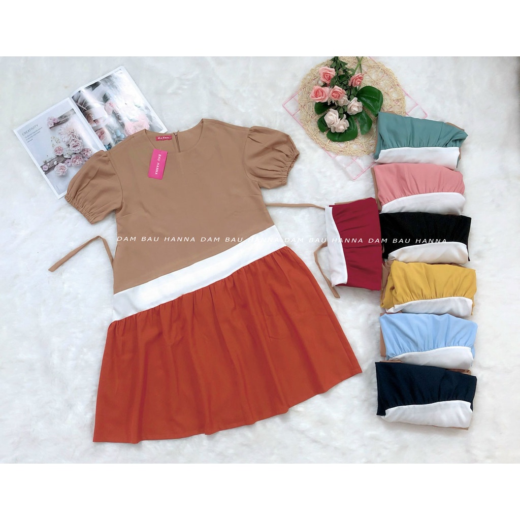 [HANNA] Đầm bầu công sở dễ thương cho mẹ trẻ vải thoáng mát cao cấp thầm mồ hôi tốt cho mùa hè dài qua gối có túi 2 bên