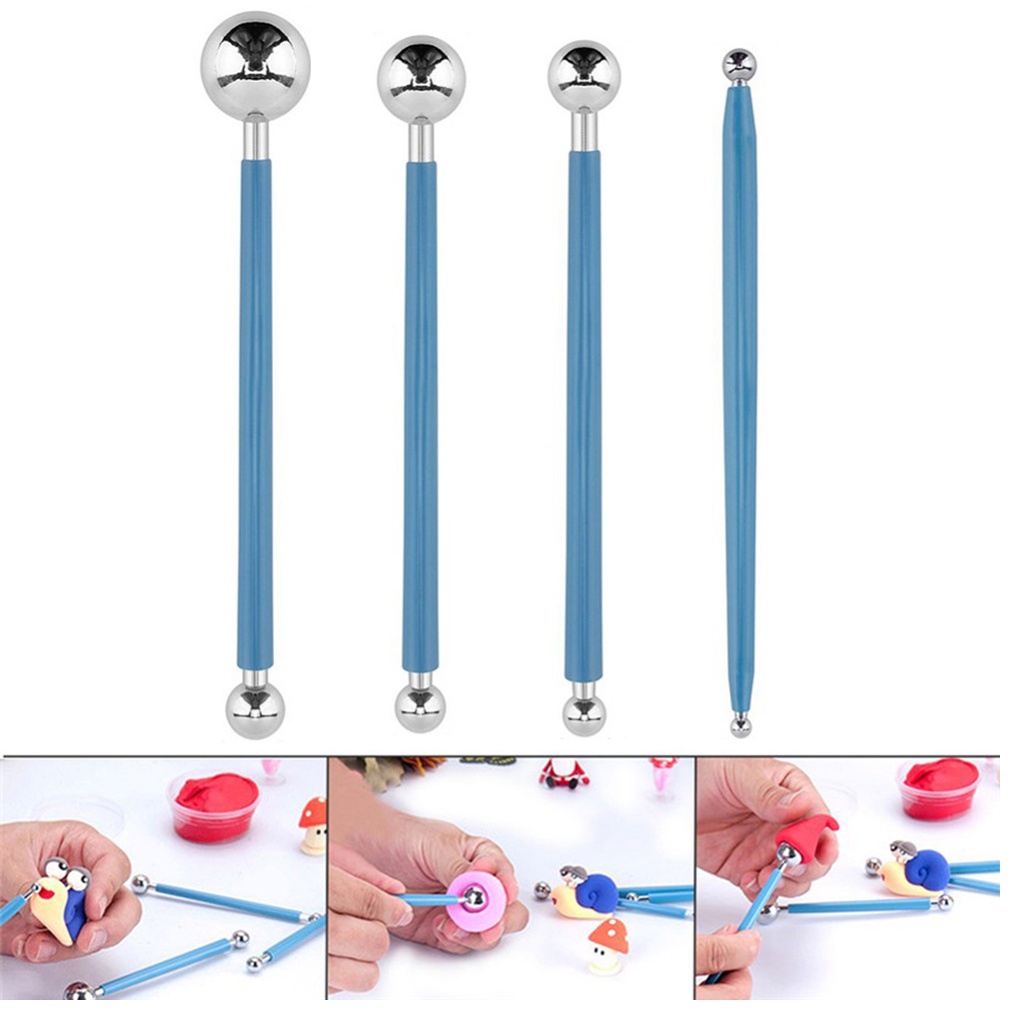 4 Dụng cụ chấm bi kim loại 2 đầu dùng để tạo hình đất sét/ gốm/ gốm sứ/ búp bê