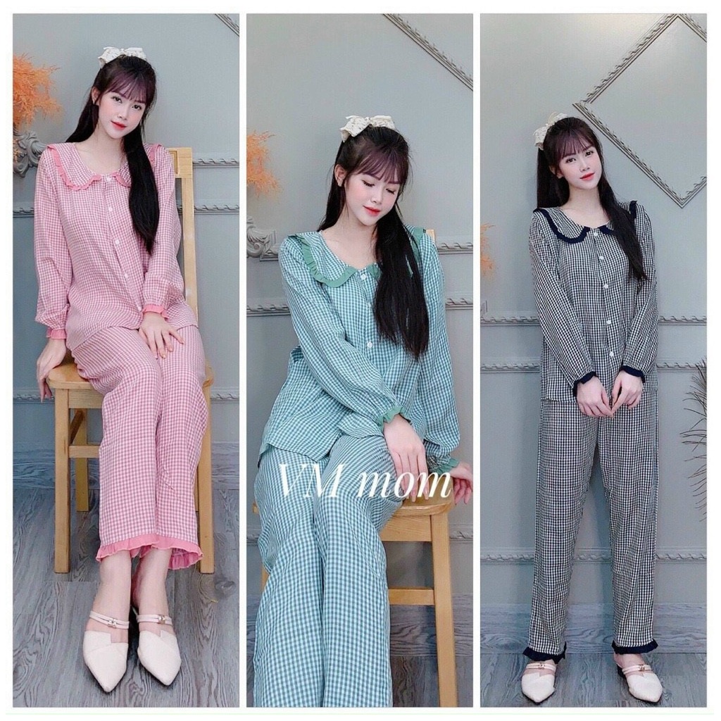 Bộ bầu và Sau sinh, chất thô đũi mềm đẹp, mẫu kẻ caro, cổ sen