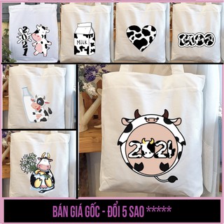 Túi tote vải canvas VUÔNG trắng có khóa kéo in hình BÒ SỮA tổng hợp - Túi Mơ To store