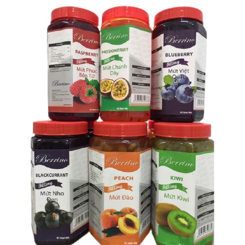 Mứt hoa quả Berino hộp 950g, mứt có xác việt quất, chanh dây, kiwi, dứa, nho đen, táo, đào, dâu, phú
