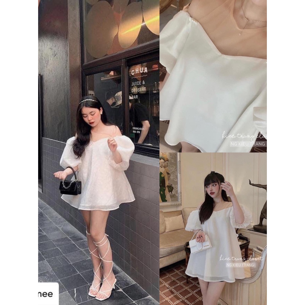 [SẴN/ VIDEO THẬT] Áo Babydoll Tay Bồng Cổ Lưới Đính Ngọc Lót Lụa