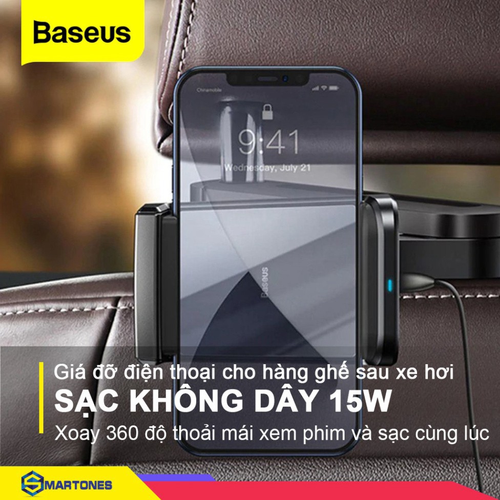 Giá kẹp điện thoại Baseus cho ghế sau xe hơi, tích hợp sạc không dây 15W, xoay 360 độ giúp vừa xem phim vừa sạc