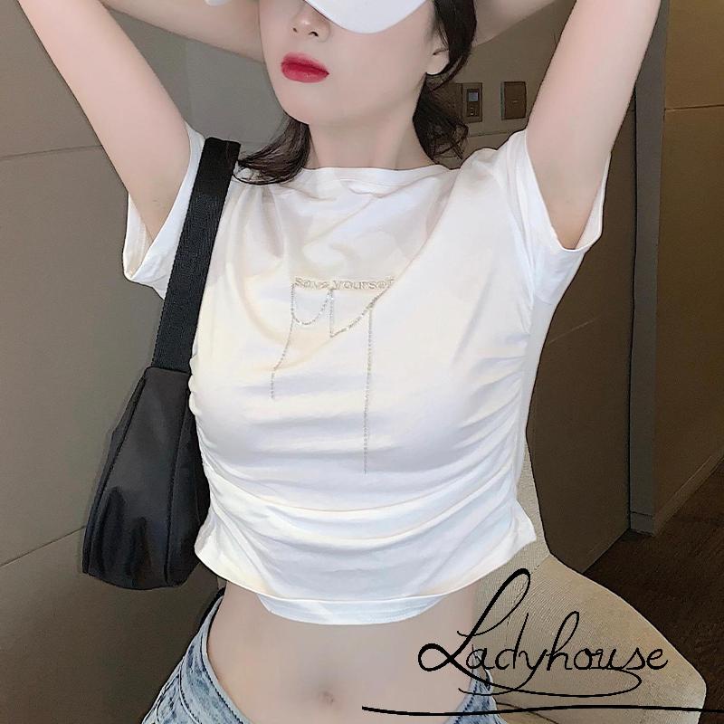 Áo Thun Tay Ngắn Cổ Tròn In Chữ Đính Đá Thời Trang Mùa Hè Dành Cho Nữ