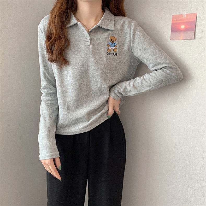 Áo polo Tay Dài Dáng Rộng Thêu Hình Gấu Dễ Thương JL-TX-540