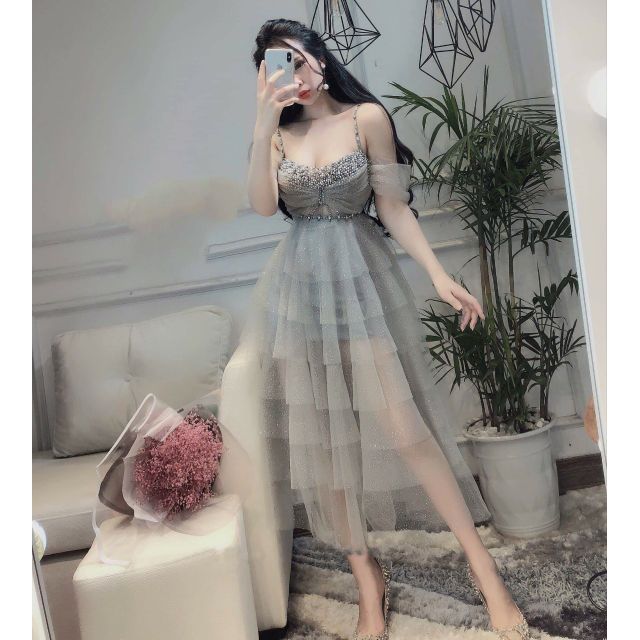 Đầm nữ thiết kế xòe, tầng, kết hạt, pha lê cao cấp, kim tuyến nhũ xám - M, L (ảnh thật)