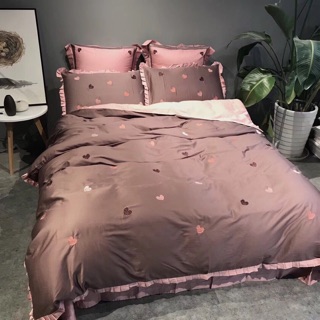 Bộ cotton 60s thêu trái tim màu hồng vỏ đỗ