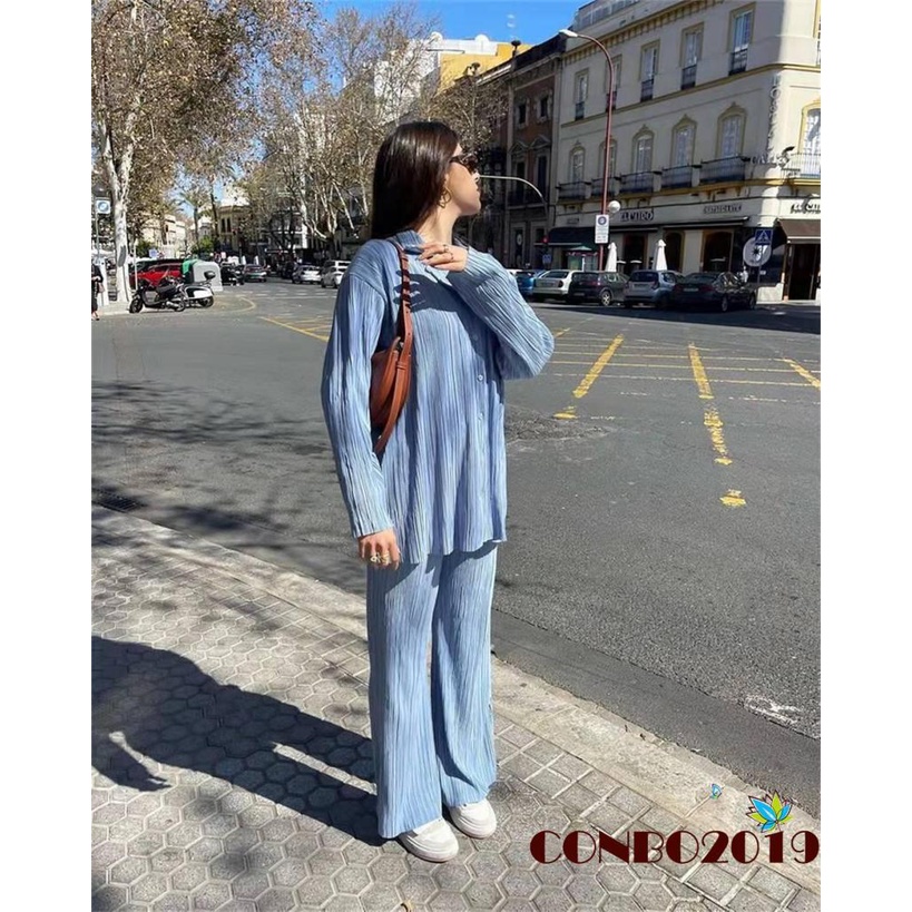 Set Đồ 2 Món Gồm Áo Sơ Mi Tay Dài Cài Nút Xếp Ly + Quần Dài Cho Nữ