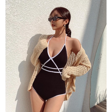 Mẫu mới 2023 Bikini Hàn Quốc một mảnh cơ bản màu đen sọc trắng tôn dáng tôn ngực đồ bơi, đi biển