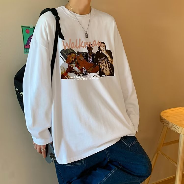 Áo Thun Tay Dài Dáng Rộng In Chữ Phong Cách Hip Hop Nhật Bản Thời Trang Cho Nam Và Nữ Size M-5XL