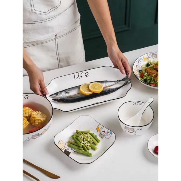 Bộ đĩa sứ hình mèo dễ thương, đĩa sứ phong cách Bắc Âu sẵn đĩa vuông