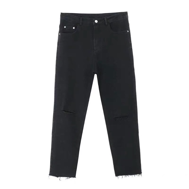 QUẦN BAGGY JEANS ĐEN TRƠN RÁCH GỐI (có hình chụp thật) VAKADO