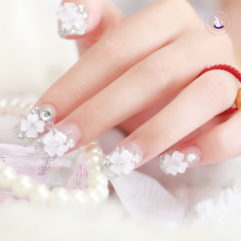Set 24 móng tay giả họa tiết hoa 3D xinh xắn kèm keo dán dành cho cô dâu