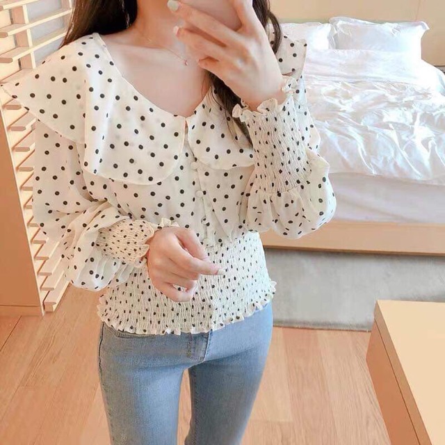 Áo sơ mi kiểu nữ chấm bi cổ bèo dài tay phối đai bo chun eo lớn