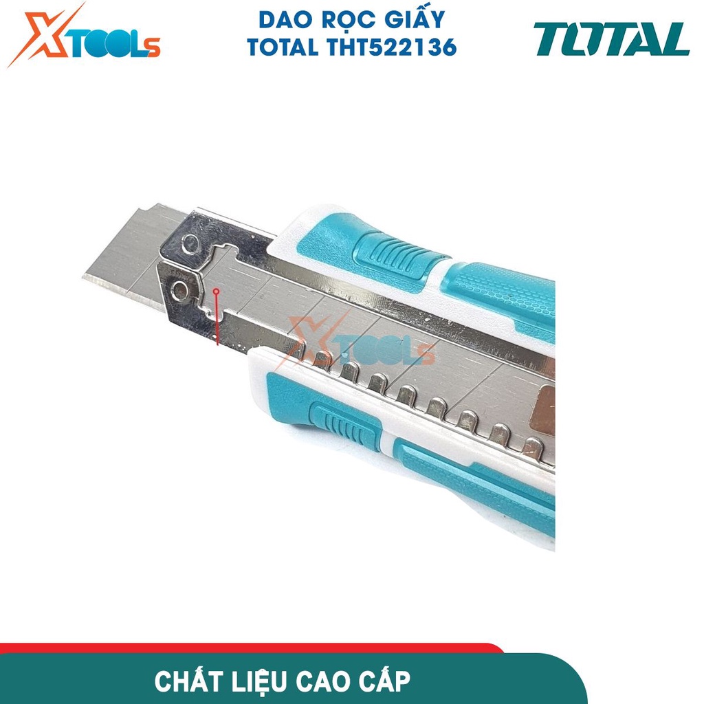 Dao rọc giấy 18x100mm TOTAL THT522136, dao cắt giấy có chiều dài 18mmx100mm, kèm 3 lưỡi SK5, với nút ấn dẹp [CHÍNH HÃNG]