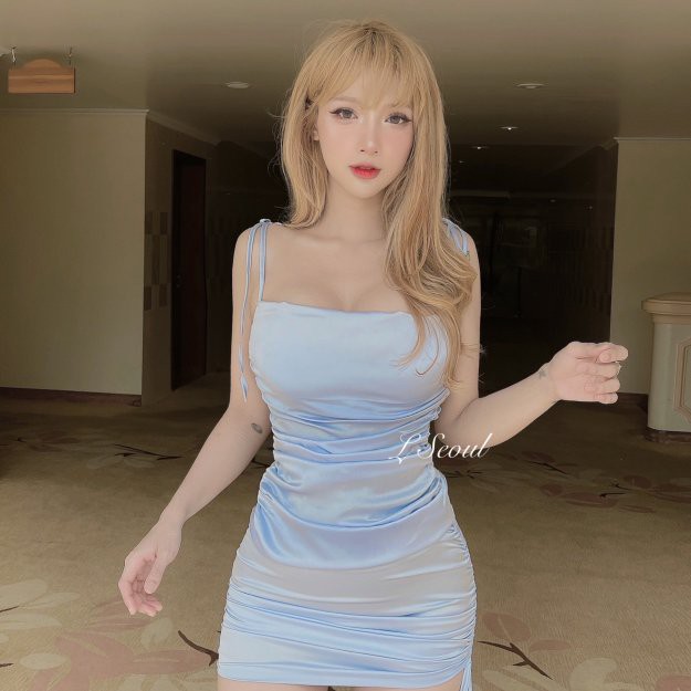 Váy 2 Dây Lụa Dây Rút LSEOUL V0990 Sang Trọng Quyến Rũ Phù Hợp Đi Tiệc