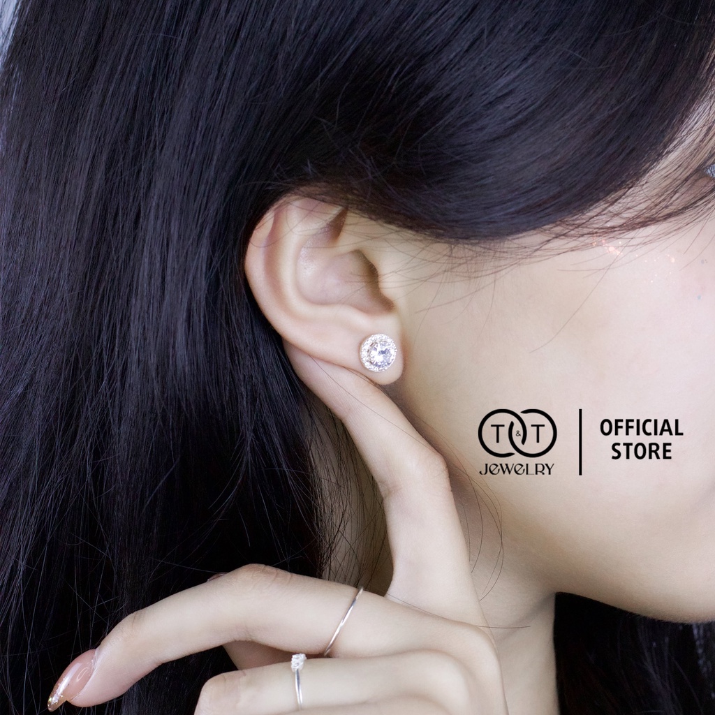 Bông Tai Bạc Ý Đính Đá Viền Tròn s925 T&amp;T Jewelry nụ đá cao cấp cho nữ BT012