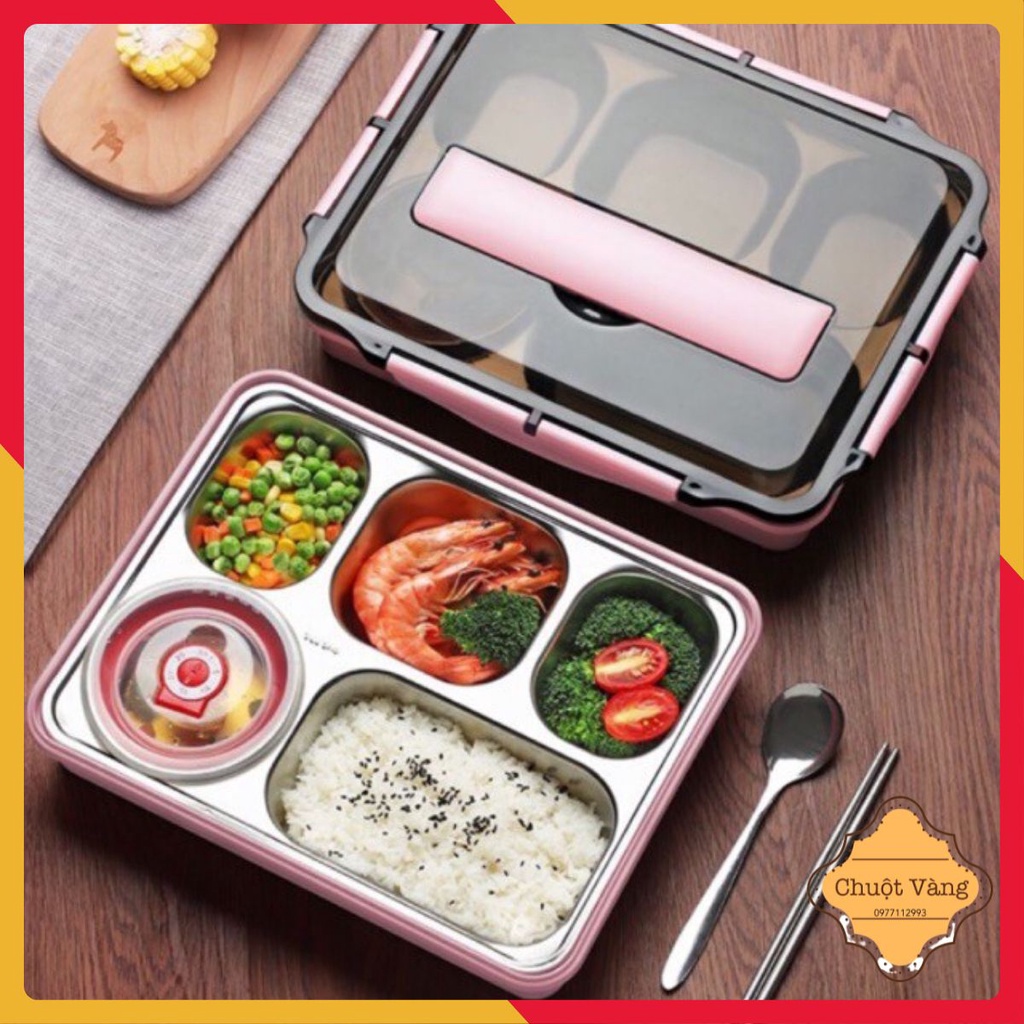 Khay Cơm Inox 5 Ngăn Có Nắp Đậy An Toàn Vệ Sinh - Kèm Thìa Và Đũa
