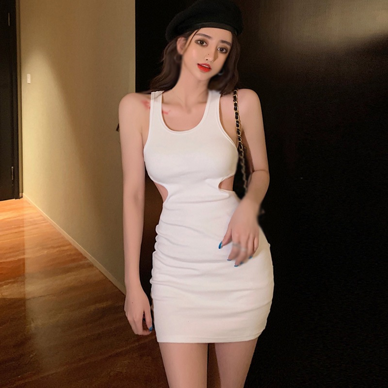 Đầm ôm không tay cổ chữ U khoét lỗ màu trơn phong cách hàn quốc thời trang mùa hè quyến rũ cho nữ