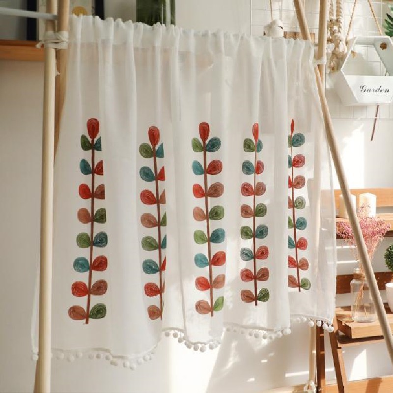 Rèm Cửa Ngắn Thêu Họa Tiết Lá Nhiều Màu Trang Trí Nhà Bếp