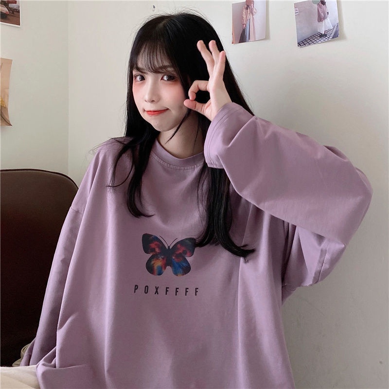 Áo Thun Tay Dài Dáng Rộng In Họa Tiết Bươm Bướm Phong Cách Nhật Hàn Thời Trang 2022 Cho Nữ