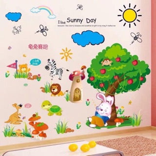 Decal dán tường tranh rùa và thỏ