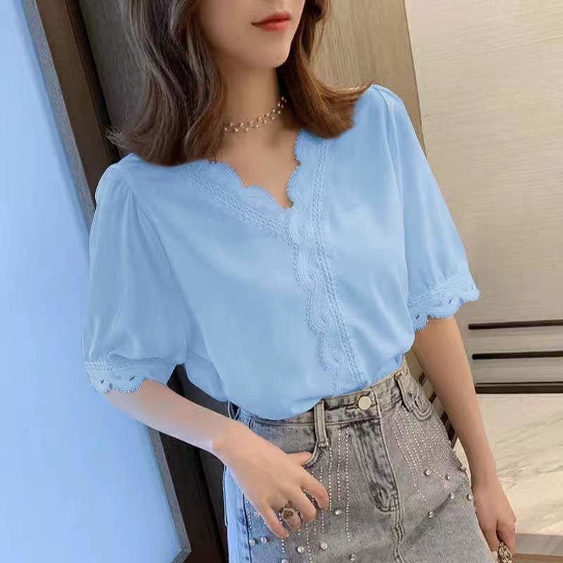Áo Sơ Mi Trơn Ngắn Tay 161410 Áo Sơ Mi Chiffon Cổ Chữ v Dáng Rộng Phối Ren Phong Cách Phương Tây