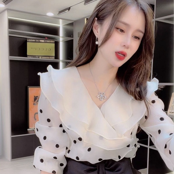 Áo Sơ Mi Chiffon Họa Tiết Chấm Bi Phong Cách Châu Âu Thời Trang Mùa Thu Cho Nữ
