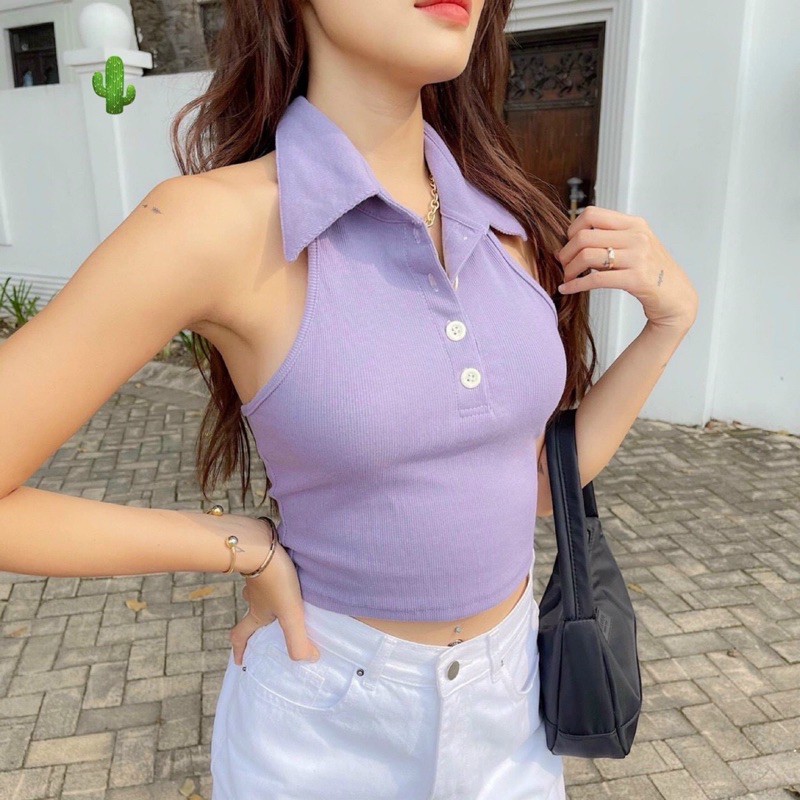Áo ba lỗ cổ sơ mi croptop hình thật