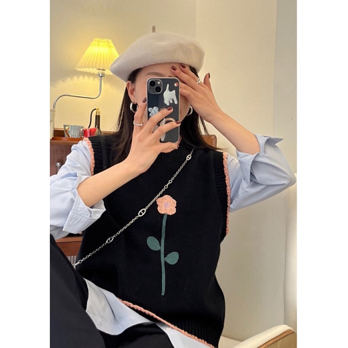 DUNEA Set Áo Sơ Mi Hoa Và Áo Len Không Tay Phong Cách Hàn Quốc Xinh Xắn Cho Nữ