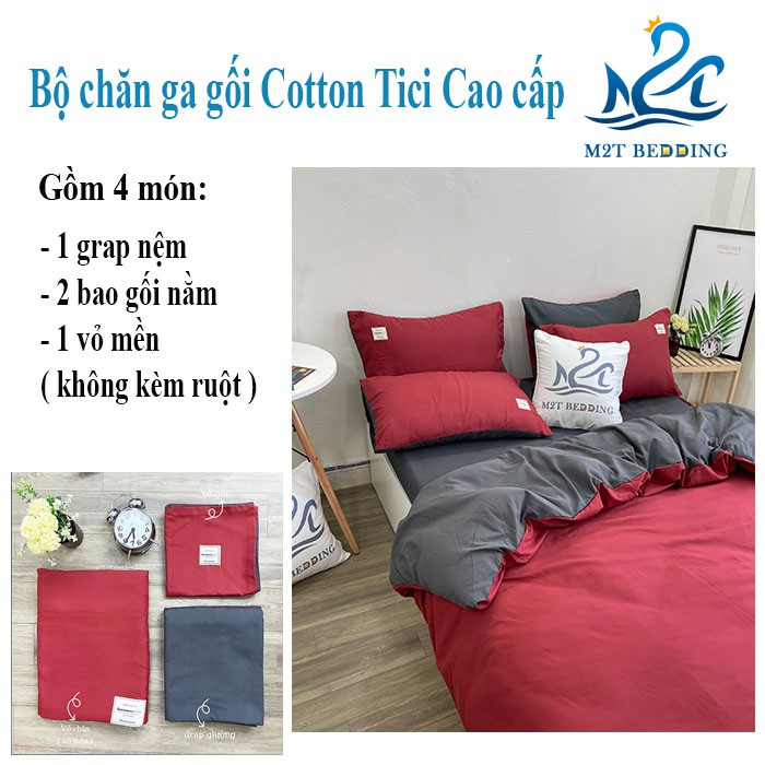 Bộ chăn ga gối drap Cotton Tici M2T Bedding đỏ phối ghi, vỏ chăn mền, grap nệm và 2 bao gối