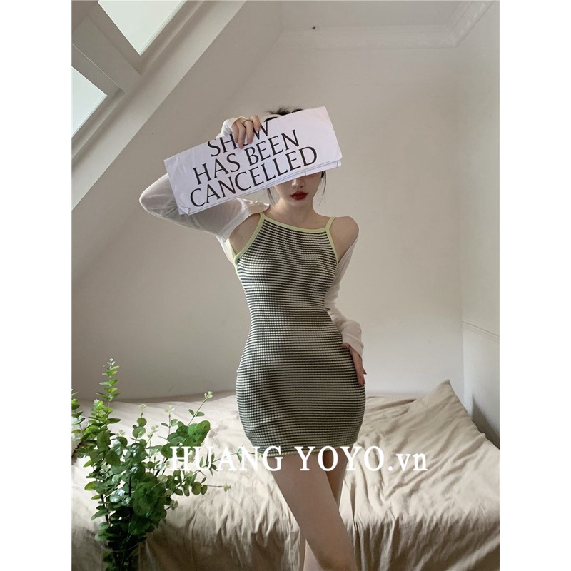 Đầm Hai Dây Hở Lưng Họa Tiết Kẻ Sọc Màu Sắc Tương Phản Phong Cách Hàn Quốc Thời Trang Mùa Hè Cho Nữ