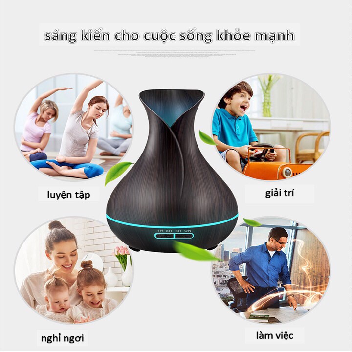 Máy Tinh Dầu TuyLip Tinh Dầu Xanh Phun Sương Khuếch Tán Siêu Âm Vân Gỗ 550ML Tặng Tinh Dầu Thiên Nhiên