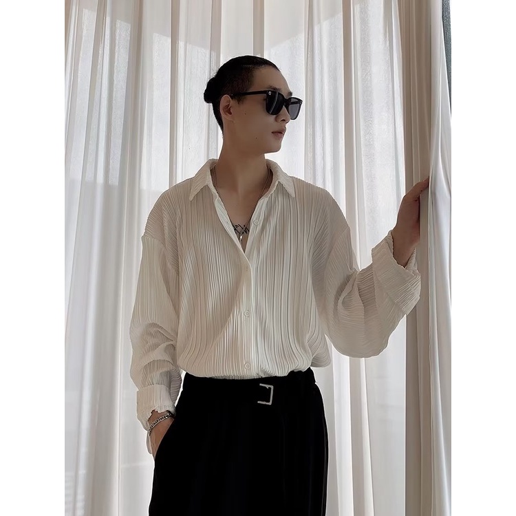 Áo Sơ Mi Tay Dài Vải Lông Cừu Phối Ren Rỗng Phong Cách Hàn Quốc Thời Trang Xuân Hè Cho Nam