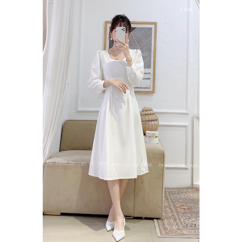 Váy đầm trắng dài tay cổ vuông dáng suông chiết li eo cực sang Anne YAME
