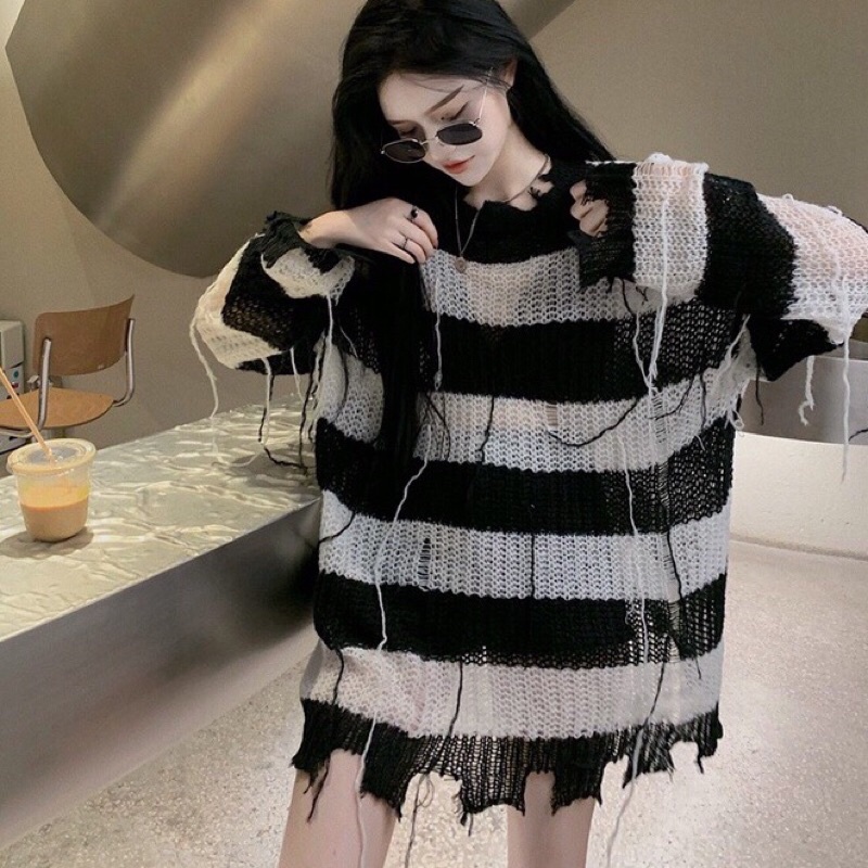 G39. 12. ÁO SWEATER LEN LƯỚI KẺ SỌC PHONG CÁCH CÁ TÍNH