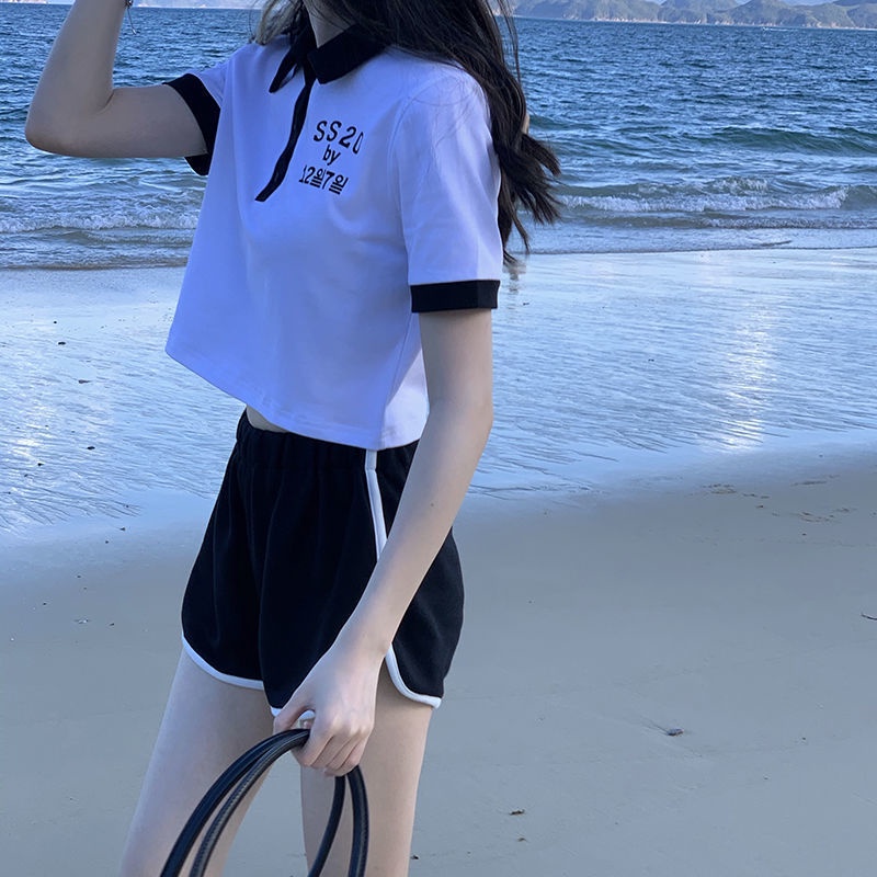 Set Áo polo Ngắn Tay Cổ Bẻ + Quần Short Lưng Cao Thời Trang Mùa Hè Cho Nữ
