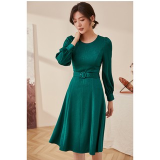 Đầm xòe cổ tròn tay dài xanh rêu có dây đai