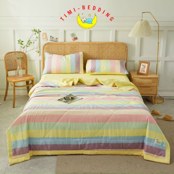 Bộ chăn ga gối cotton tici chăn trần kẻ cao cấp nhập khẩu 4 món – drap trải giường – Timibedding